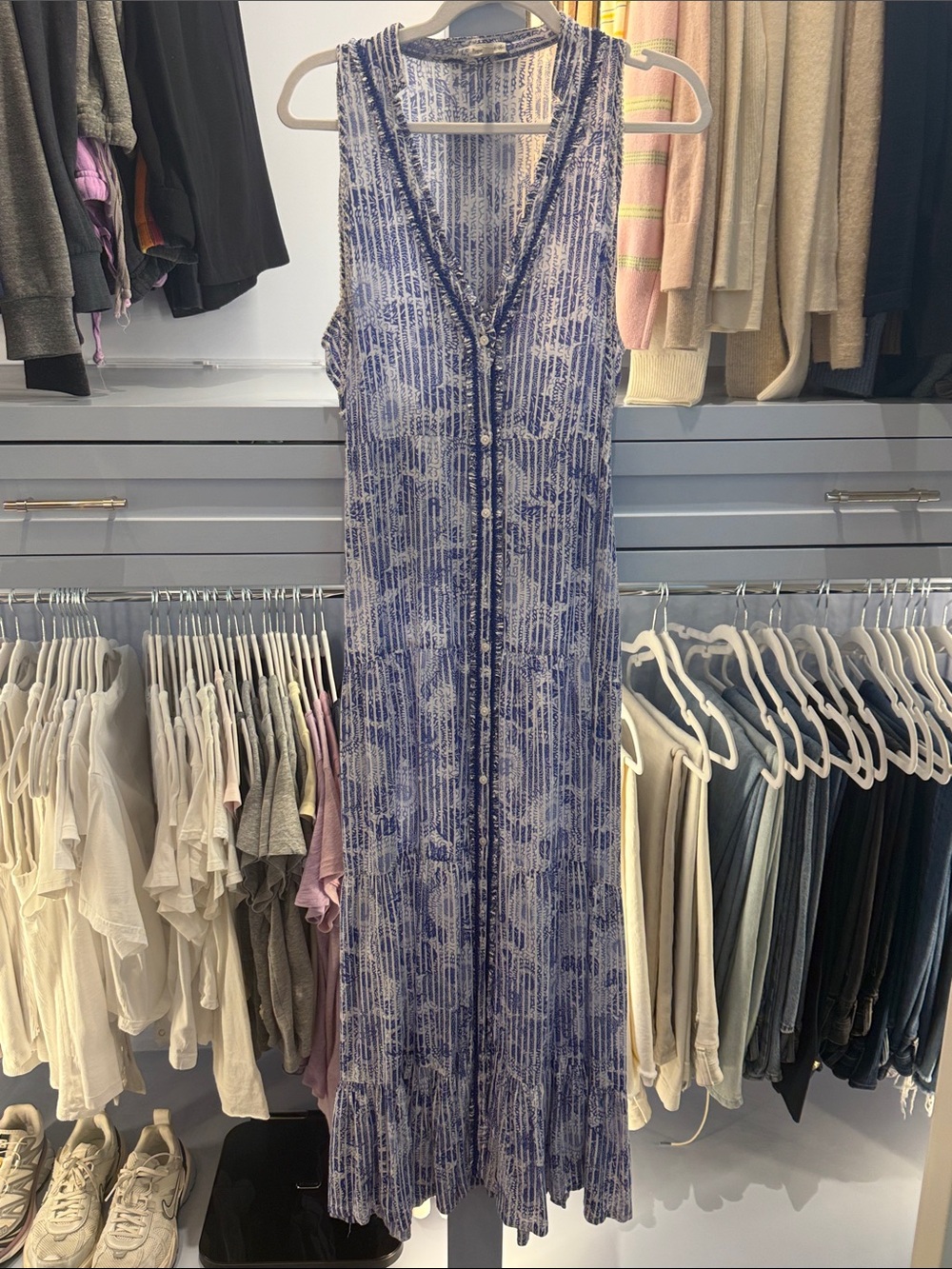 Poupette St. Barth Blue and White Sleeveless Button-Front Maxi Dress